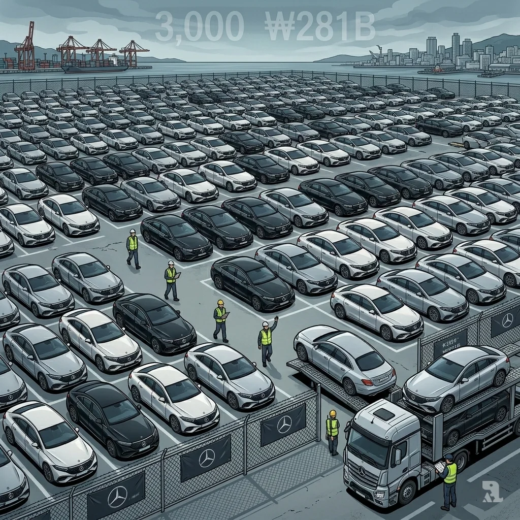 Aerial view of vast distribution lot with rows of silver, black, and white Mercedes EQE and EQS vehicles, overlaid sales figures 3000 units and 281 billion won in clouds.