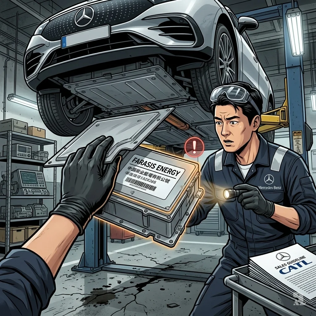 Mechanic reveals "Farasis Energy" battery label under lifted silver Mercedes EV in service bay, contrasting nearby CATL sales document on tool cart.