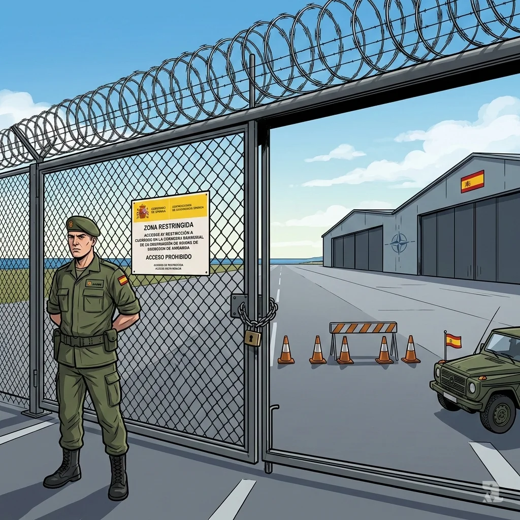 Closed gate and Spanish military guard block access to a southern Spain airbase after Spain banned U.S. aircraft from using its bases for the Iran offensive.