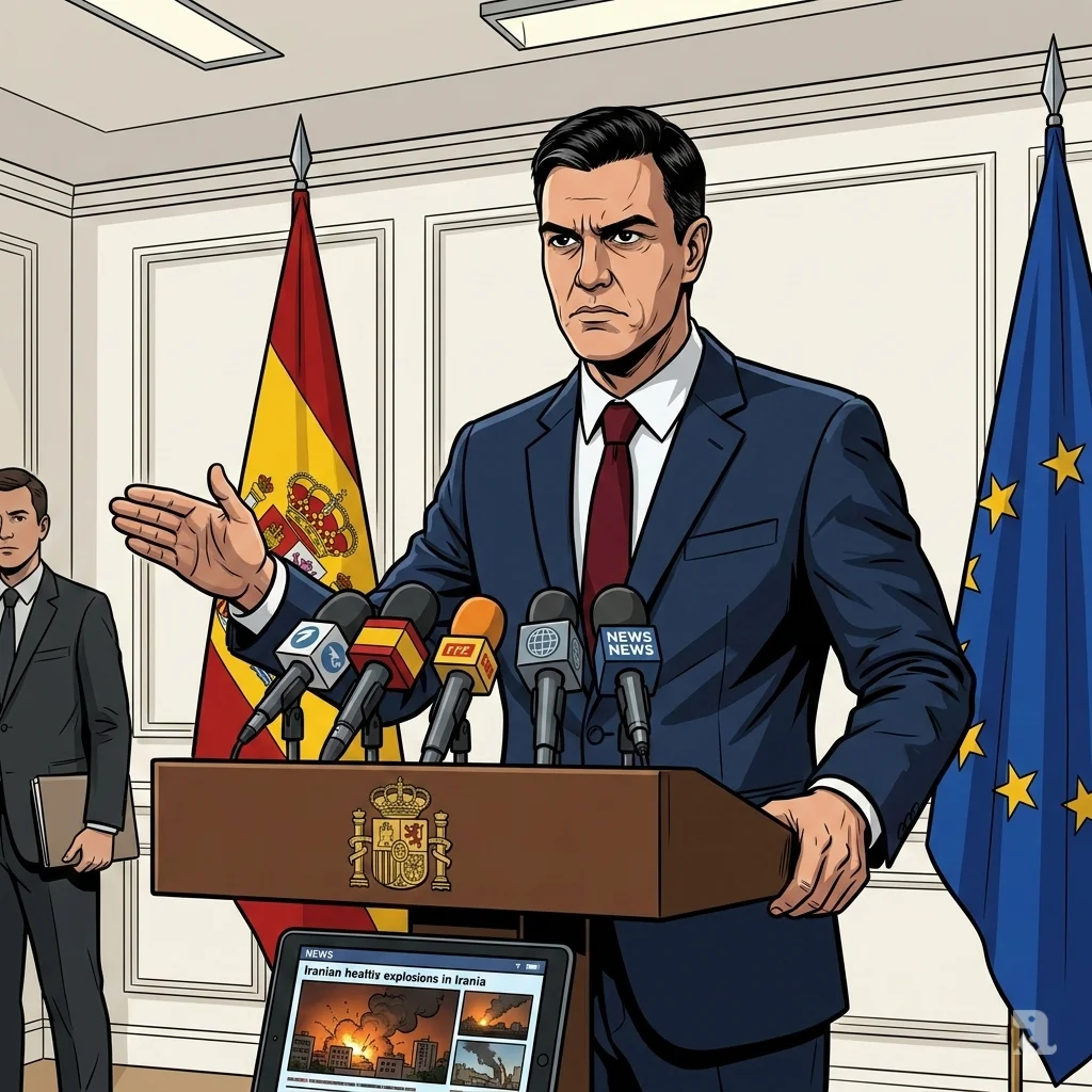 Spanish Prime Minister Pedro Sanchez denounces U.S.-Israeli bombings as reckless and illegal at Moncloa Palace press conference, with Spanish and EU flags.