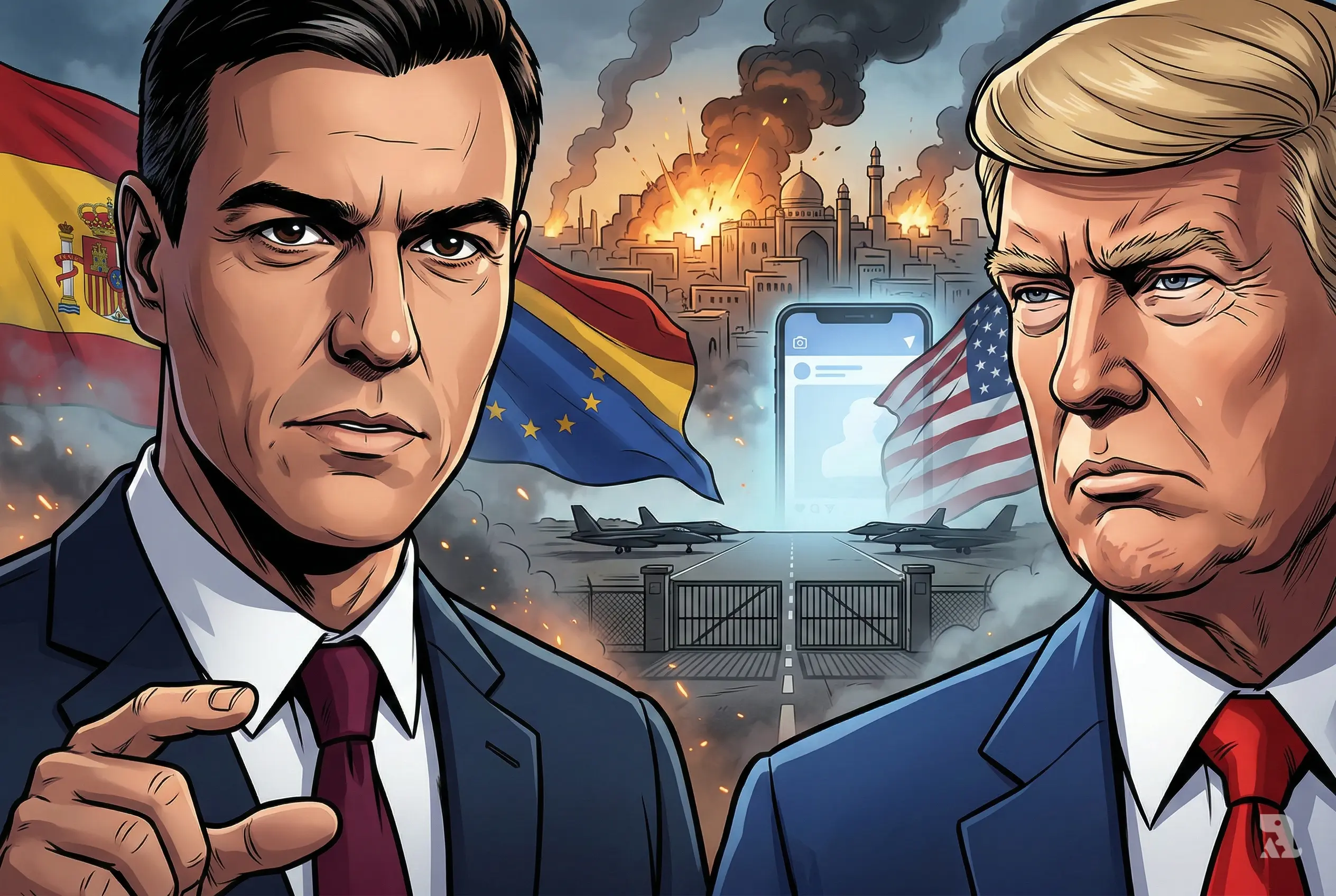 Pedro Sanchez warning Donald Trump during global crisis over Iran strikes, cinematic political confrontation with explosions and military base in background.