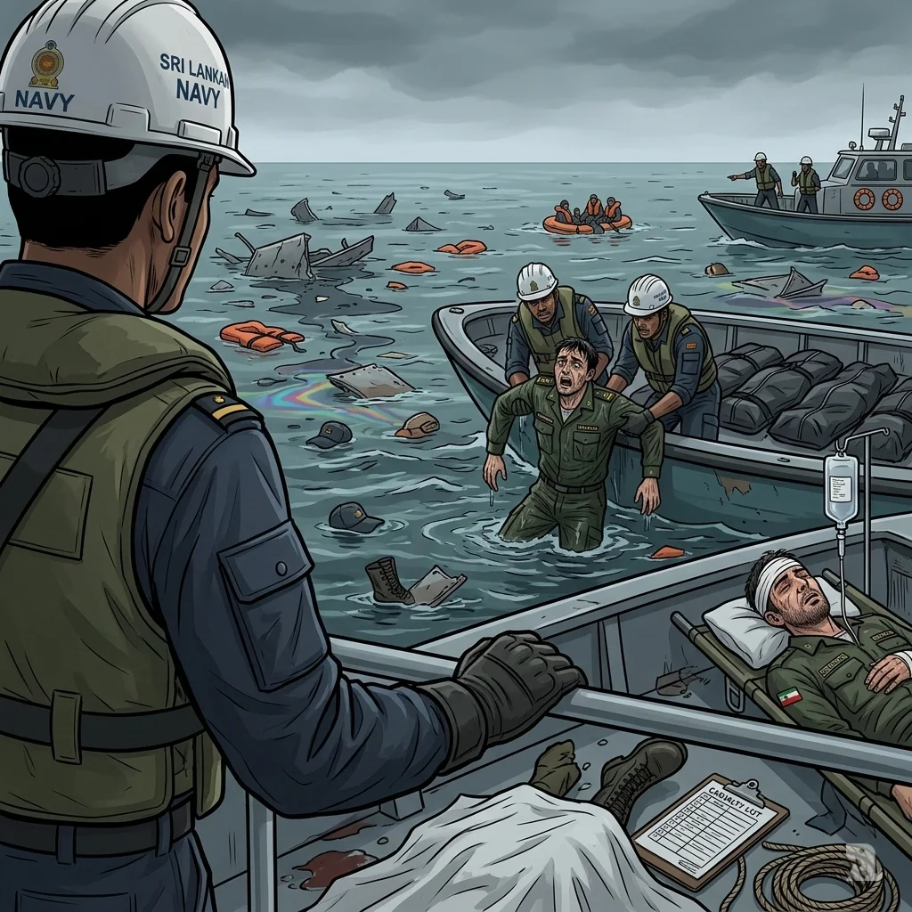 Sri Lankan Navy rescuers pull a shocked Iranian survivor from debris-filled waters, with body bags and wreckage highlighting the scale of the naval disaster.