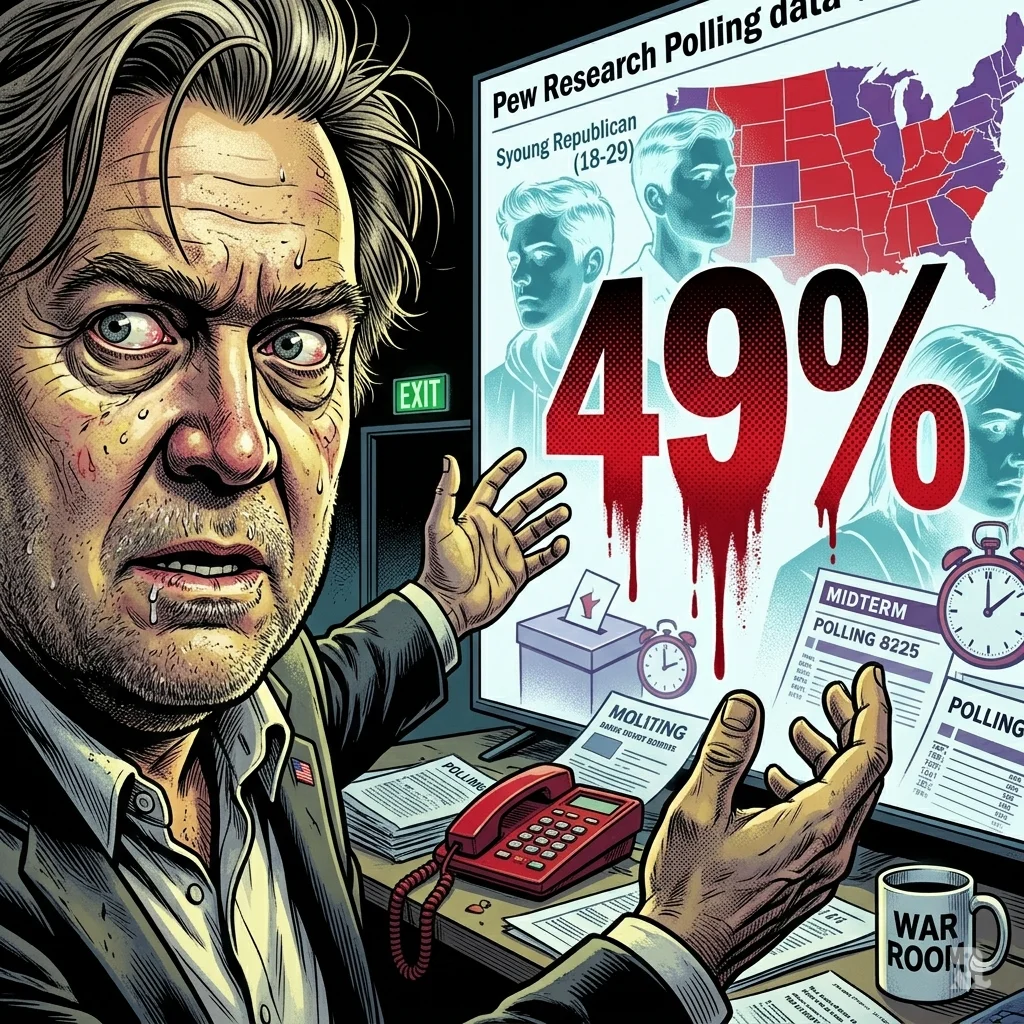 Steve Bannon gestures frantically toward a data screen displaying "49%" in bleeding red text, with ghostly images of young voters turning away.