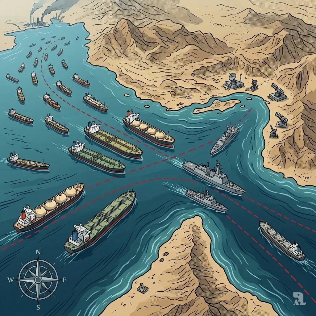 Aerial satellite view of the Strait of Hormuz showing dozens of LNG tankers anchored and stationary. Red dashed lines mark closed shipping lanes near the Iranian coastline.