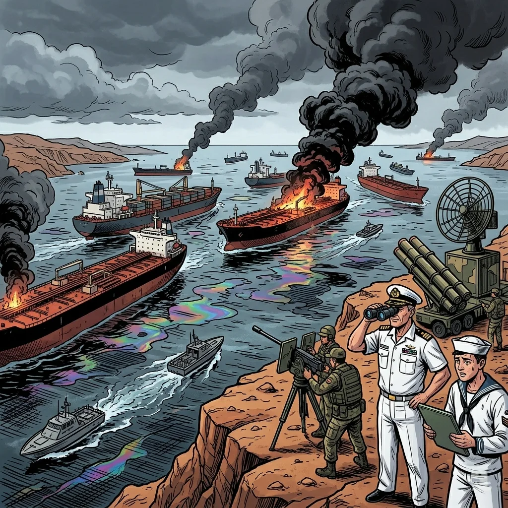 Wide shot of the Strait of Hormuz showing burning tankers clustered in the waterway with Iranian missile batteries on the coast.