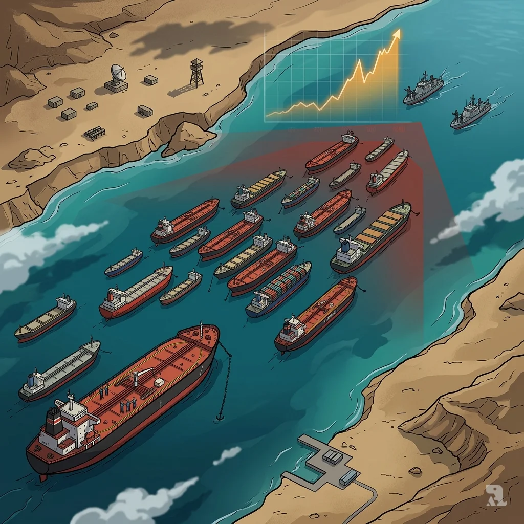 Aerial view of the Strait of Hormuz packed with stationary oil tankers, the waterway choked off as an oil price spike graphic overlays the scene.