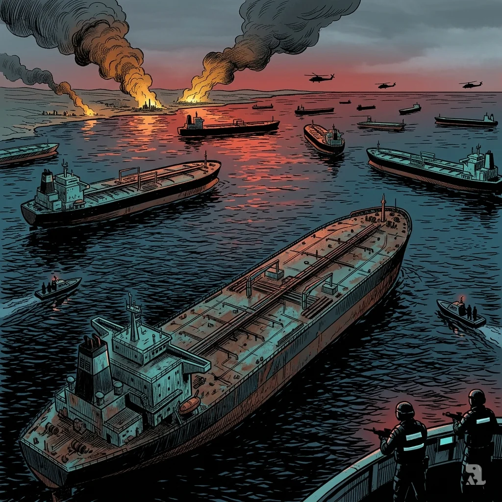 Aerial view of the Strait of Hormuz choked with oil tankers, smoke rising from fires on the Iranian coast under a storm-grey sky.