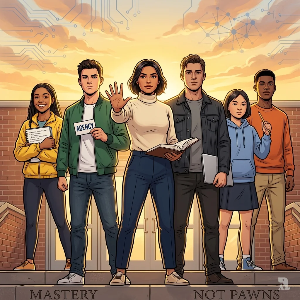Diverse students stand confidently holding books and a laptop, representing agency and the choice to become masters of AI rather than its pawns.