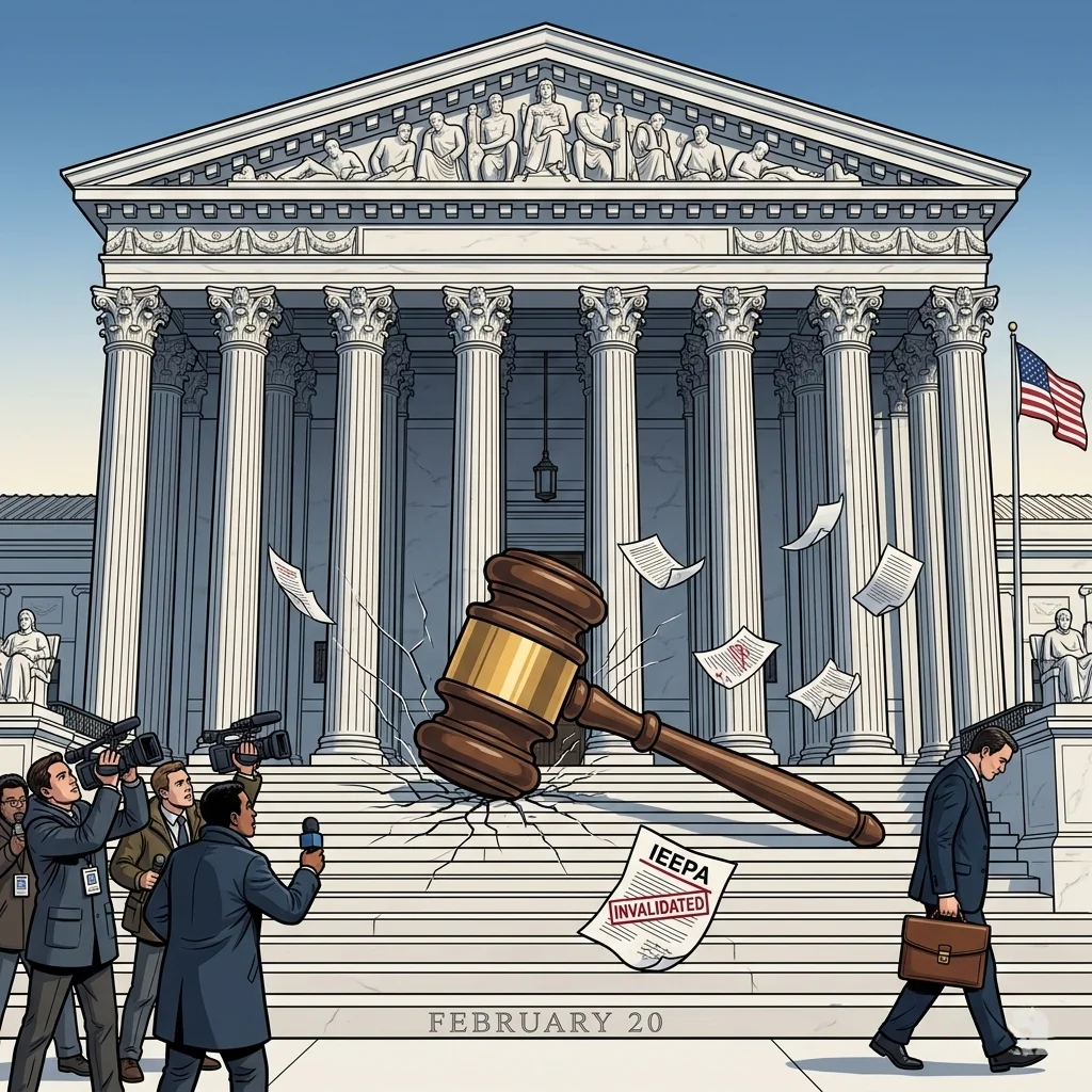 A massive gavel lies cracked on the Supreme Court steps as invalidated IEEPA tariff documents fall, representing the court striking down Trump’s trade authority on February 20.