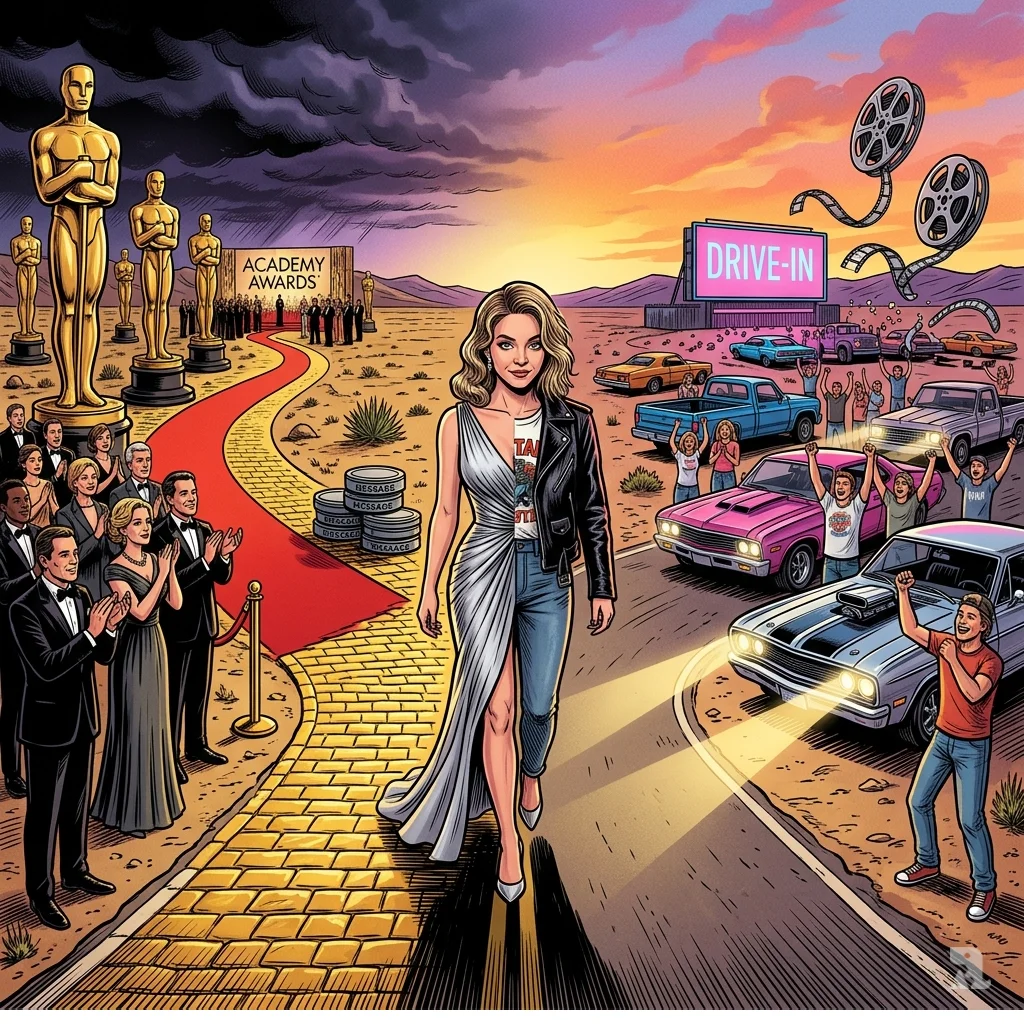 A desert highway splits toward an Oscar ceremony and a drive‑in theater; actress Sydney Sweeney stands at the crossroads.