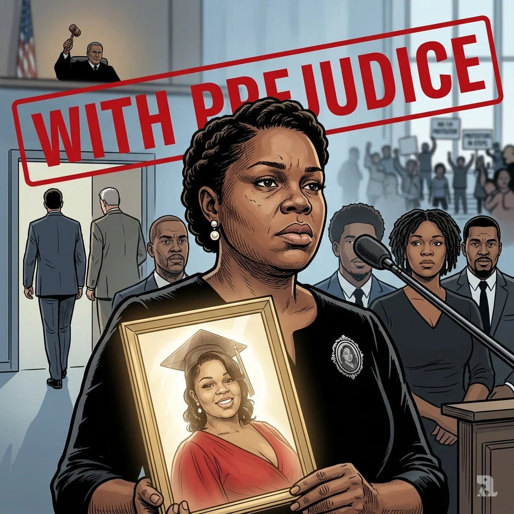 Tamika Palmer holds a framed photograph of her daughter Breonna Taylor outside the courthouse after the case ends.