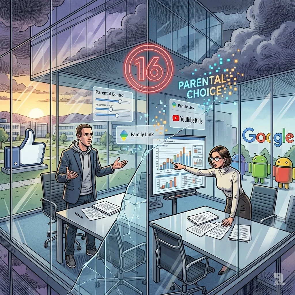A split composition of Meta and Google headquarters with floating parental control interfaces and storm clouds reflecting off glass windows.