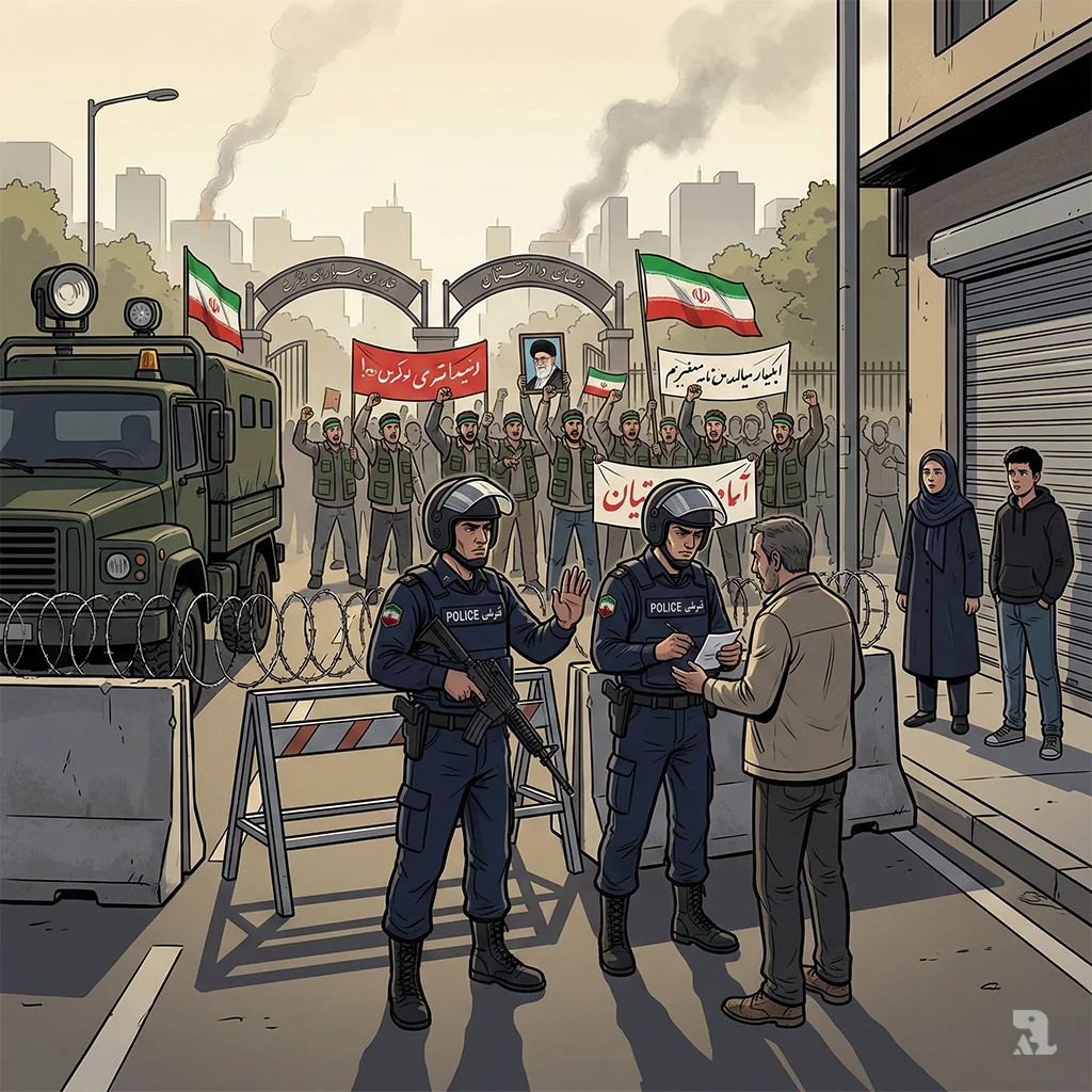 A low-angle view of a Tehran street under lockdown, dominated by a police checkpoint. In the background, Basij paramilitaries hold a fervent pro-regime rally at a university gate as fearful civilians watch.