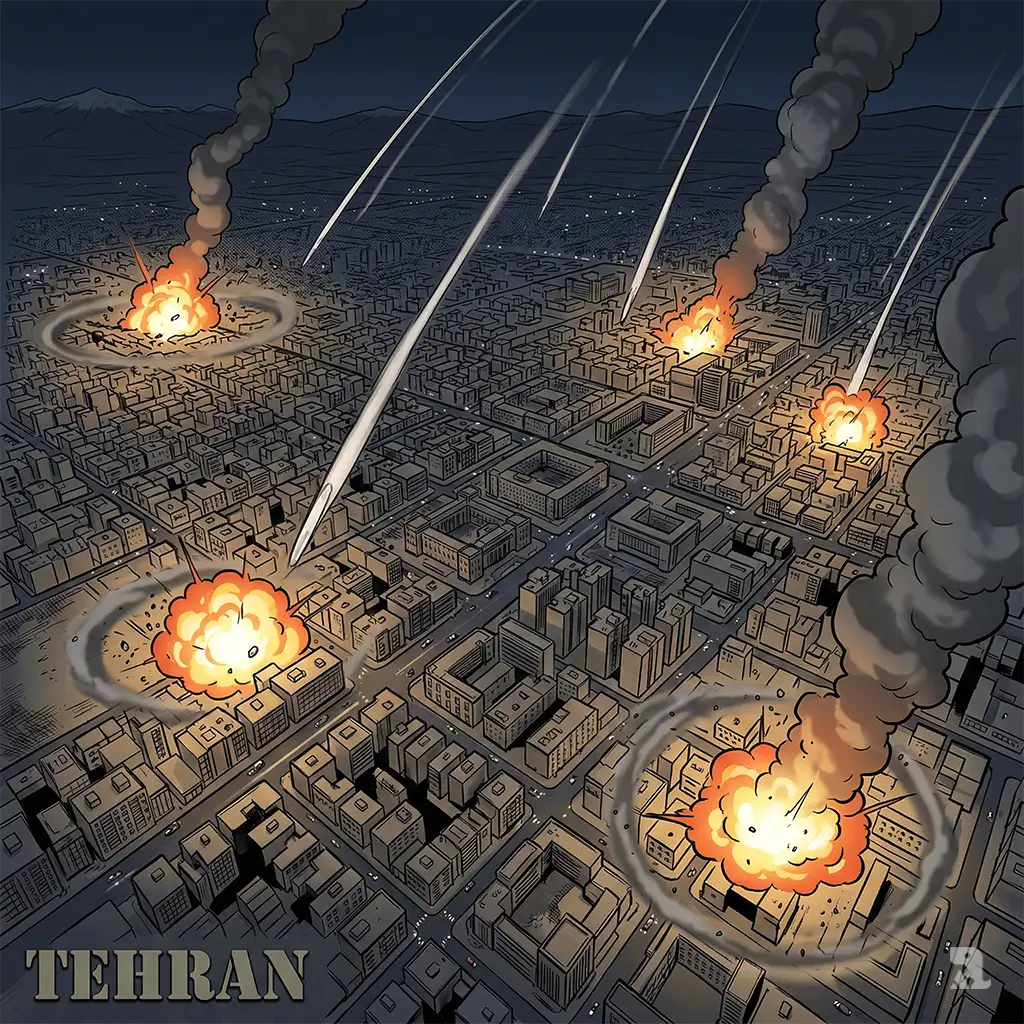 Aerial night view of Tehran skyline with multiple simultaneous explosions and rising smoke plumes. Missile trails streak toward the city below as fires illuminate the urban grid during coordinated US and Israeli strikes.