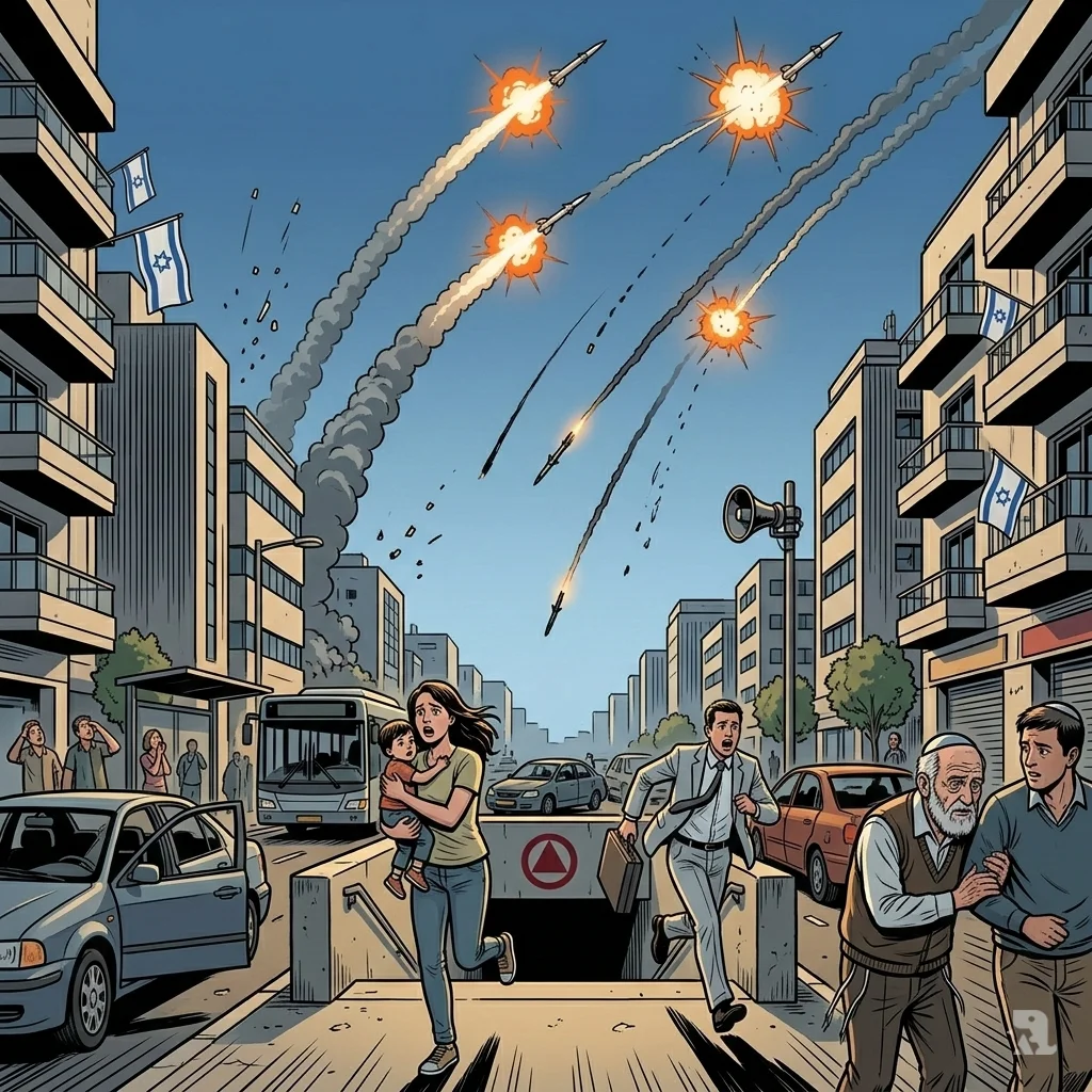In Tel Aviv, civilians run for shelter as Israeli air defense systems intercept incoming Iranian missiles, leaving bright white bursts against the blue sky.