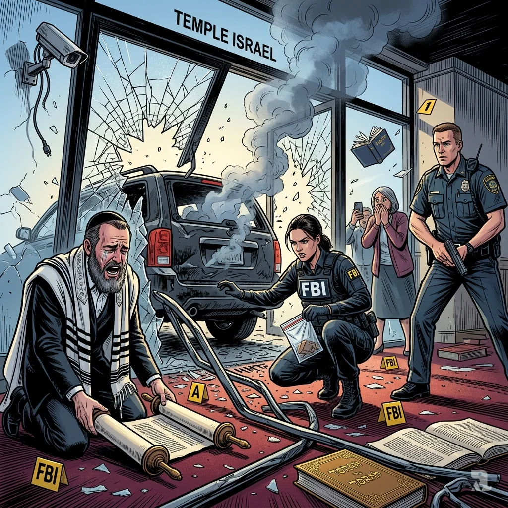 Low-angle view of a vehicle crashed into a synagogue entrance. An FBI agent kneels by debris as a rabbi retrieves a fallen Torah scroll.
