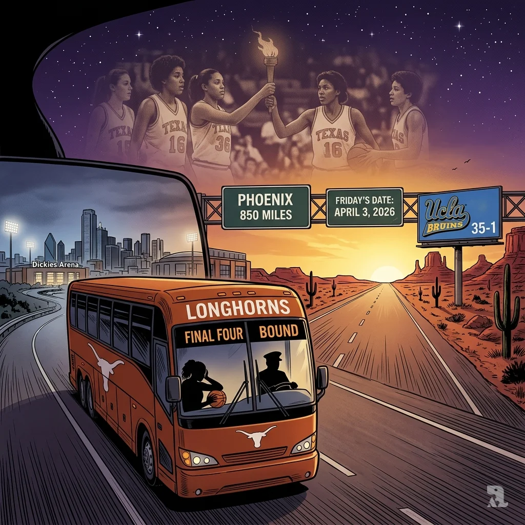 A Texas Longhorns team bus departs Fort Worth at night, with a road sign pointing toward Phoenix for the Final Four.