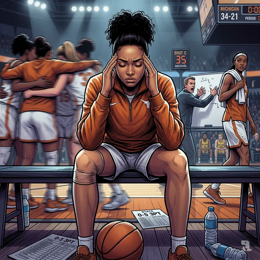 Jordan Lee of Texas sits alone on the bench with her head in her hands, while teammates huddle in the background during the game.