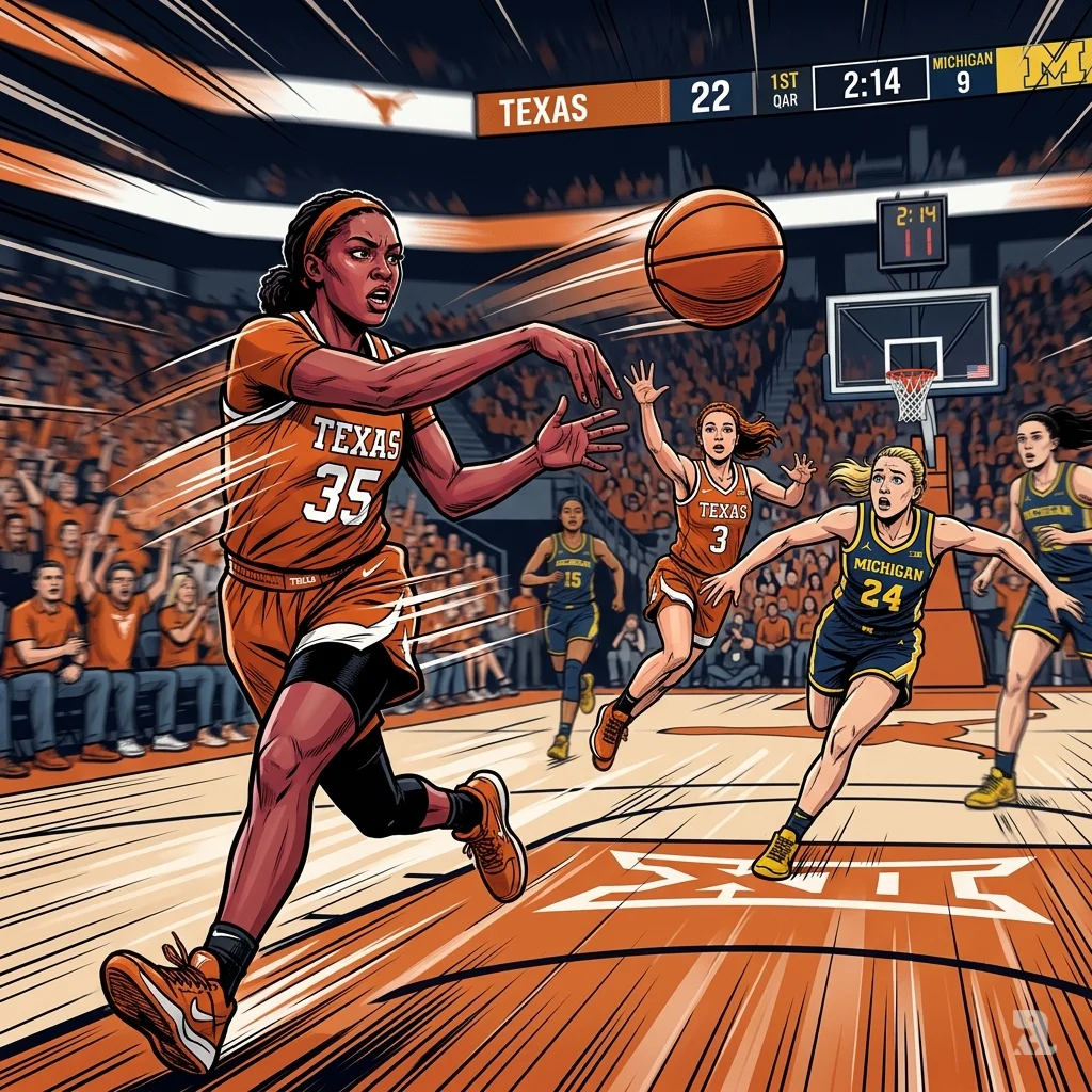 Madison Booker of Texas passes the ball during a fast break, leading to a 22-9 score against Michigan in the first quarter.