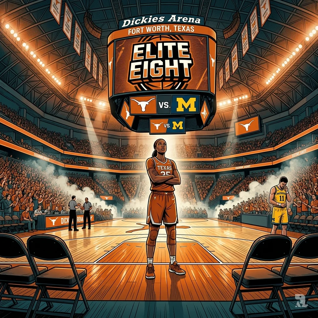 Wide shot of Dickies Arena in Fort Worth, Texas, with the Texas Longhorns and Michigan Wolverines logos displayed before their Elite Eight game.