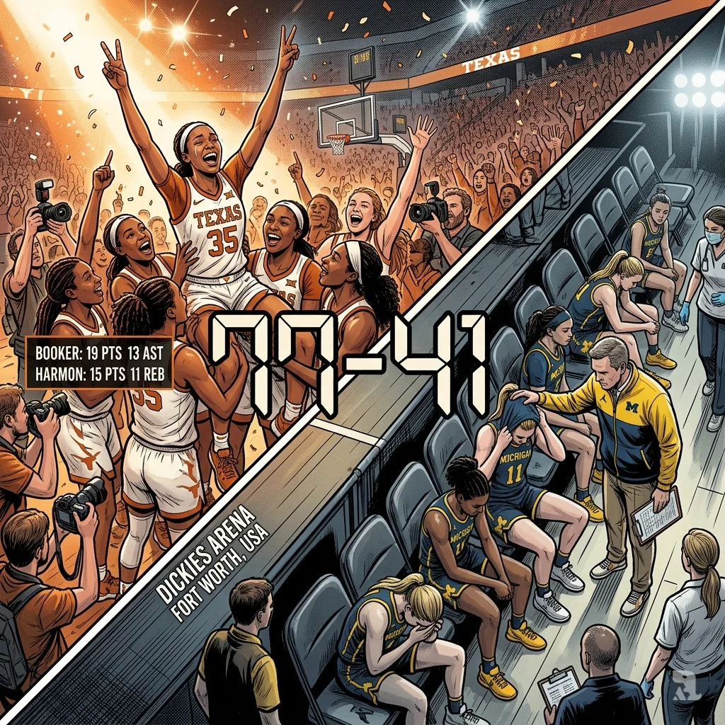 Split image showing Texas players celebrating a 77-41 victory on one side and dejected Michigan players on the other.
