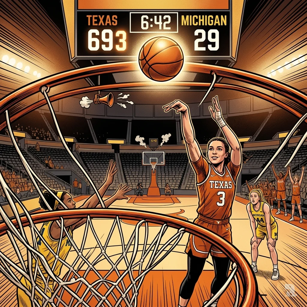 Rori Harmon of Texas follows through on a three-point shot as the scoreboard shows a 69-29 lead over Michigan.