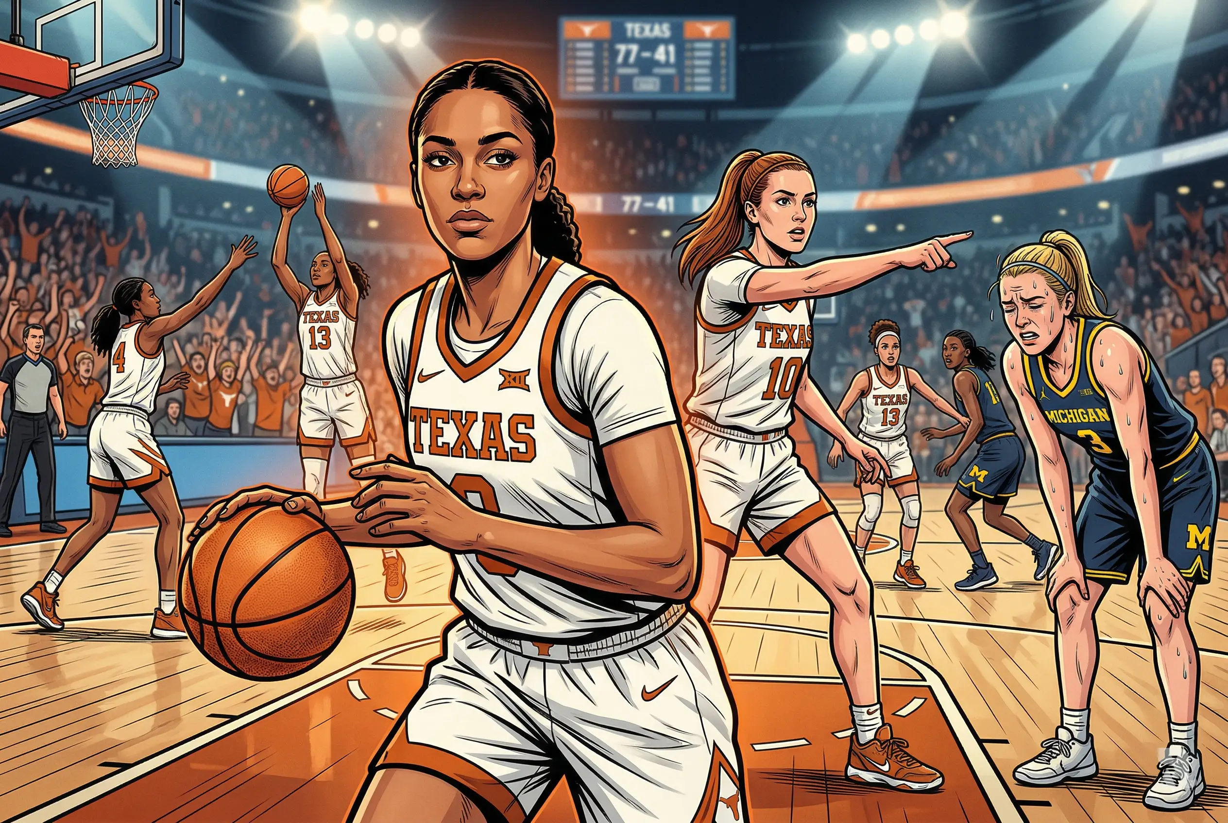 Madison Booker and Rori Harmon dominate foreground as exhausted Michigan player reacts in frustration, capturing Texas Longhorns’ crushing Elite Eight victory in dramatic arena setting.