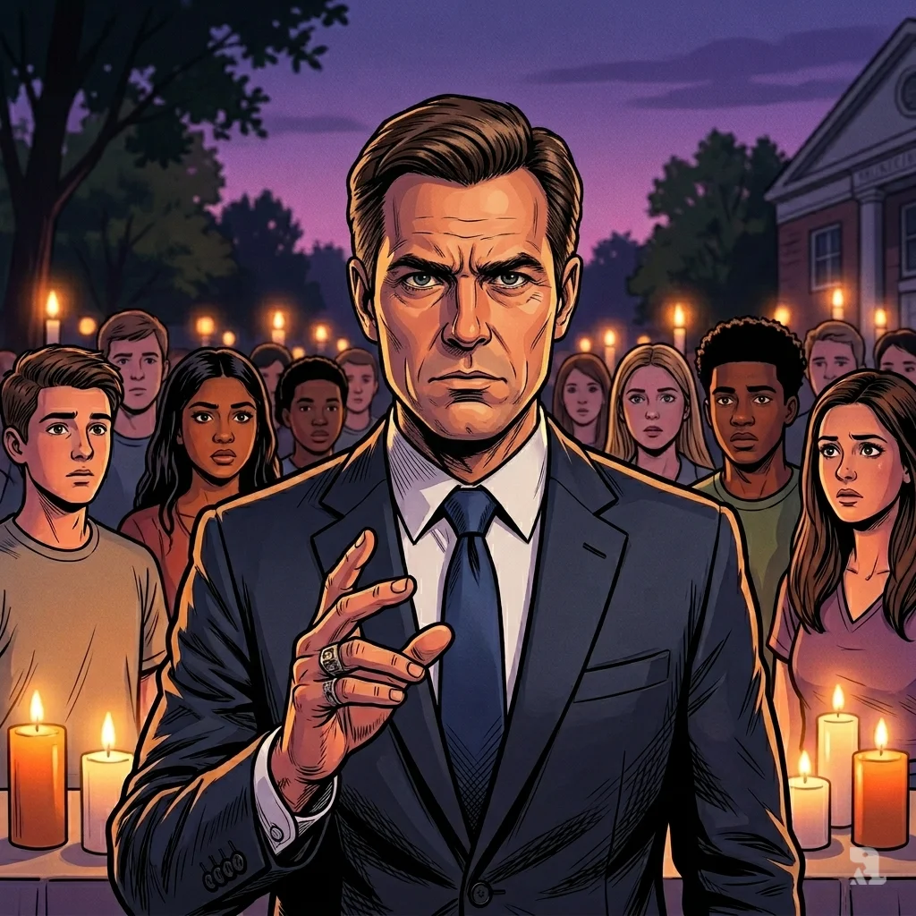Thomas Tripodianos stands at a vigil, gesturing with his hand and wearing a serious expression as he addresses a crowd of community members.