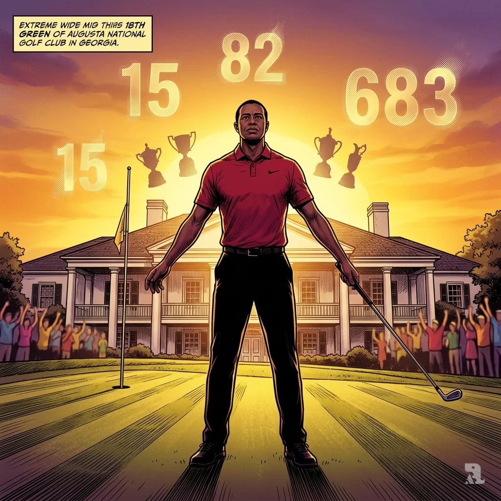 Tiger Woods stands silhouetted against a golden sunset on the 18th green at Augusta National, trophy numbers floating above him.