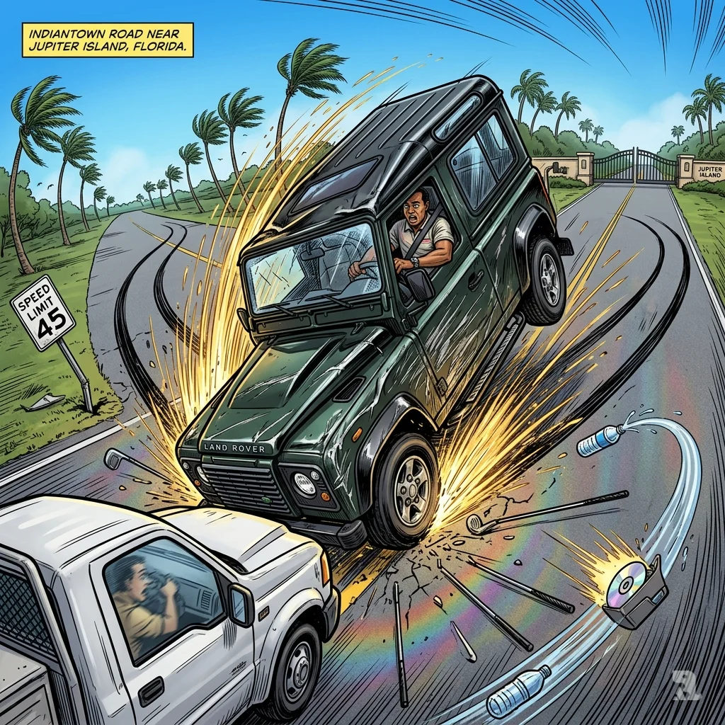 A black Land Rover Defender suspended in mid-roll on a Florida highway, debris scattering under an impossibly blue sky.