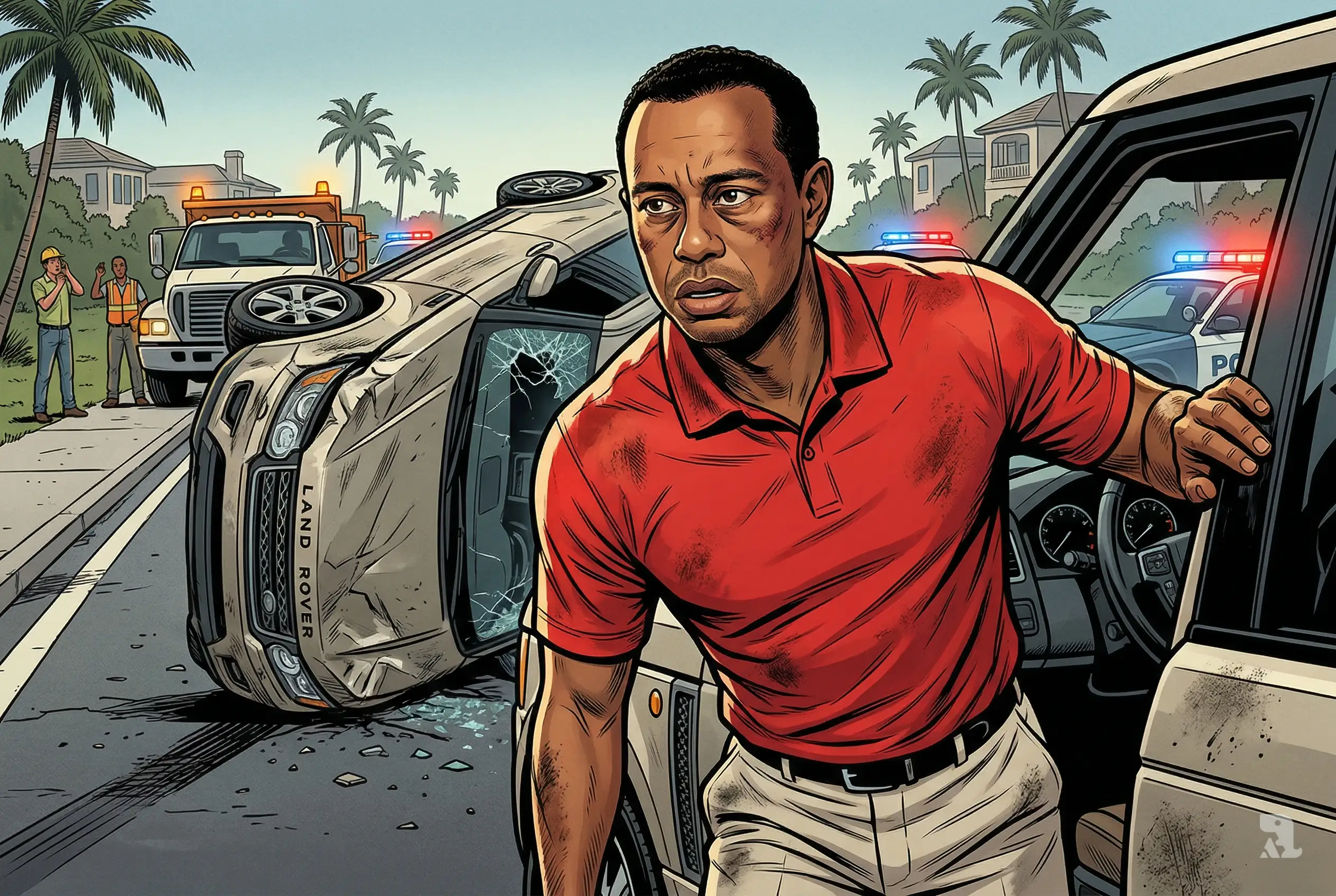 Tiger Woods emerges from overturned SUV after high-speed crash in Florida, with police lights flashing and damaged vehicles on a coastal road scene.