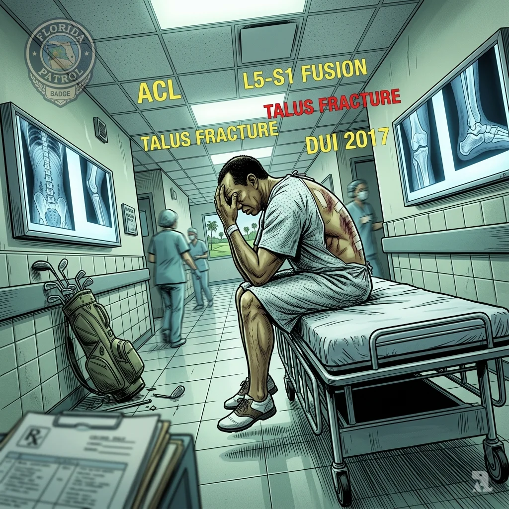 Tiger Woods sits hunched on a hospital gurney in a corridor, X-rays and medical terms like "ACL" glowing on lightboxes.