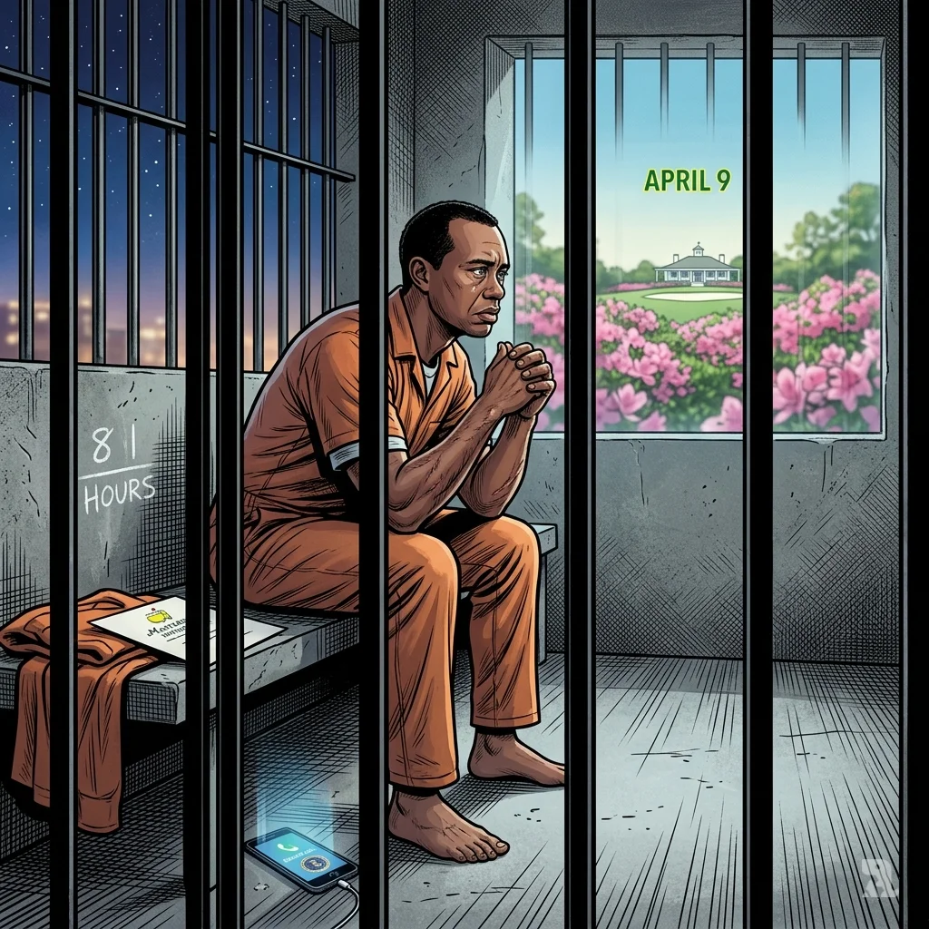 Tiger Woods sits in an orange jail jumpsuit on a concrete bench, looking through bars at the distant Augusta National clubhouse.
