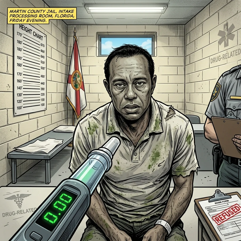 A breathalyzer tube shows a green 0.00 reading in the foreground, with a disheveled Tiger Woods in a Martin County Jail processing room.