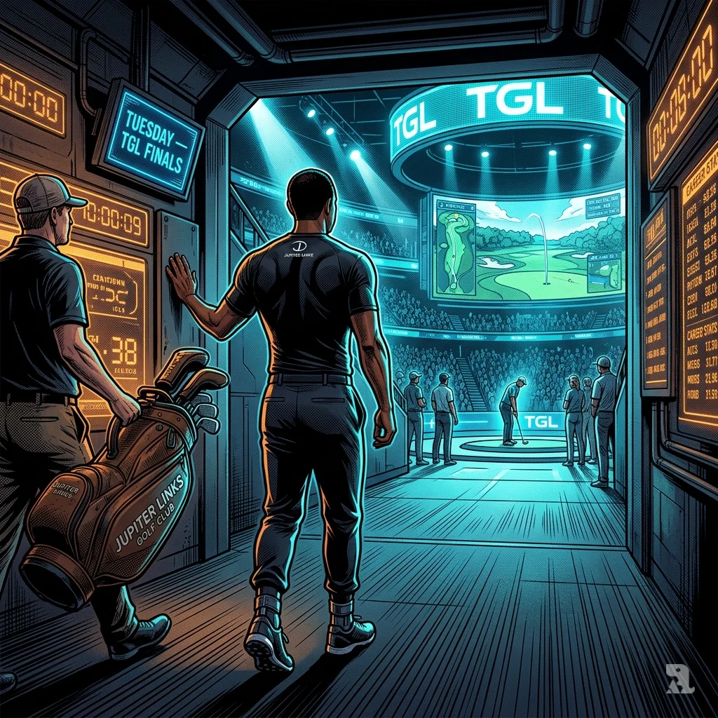 Tiger Woods walks down a futuristic corridor toward the bright TGL arena, his silhouette rim-lit in blue light.