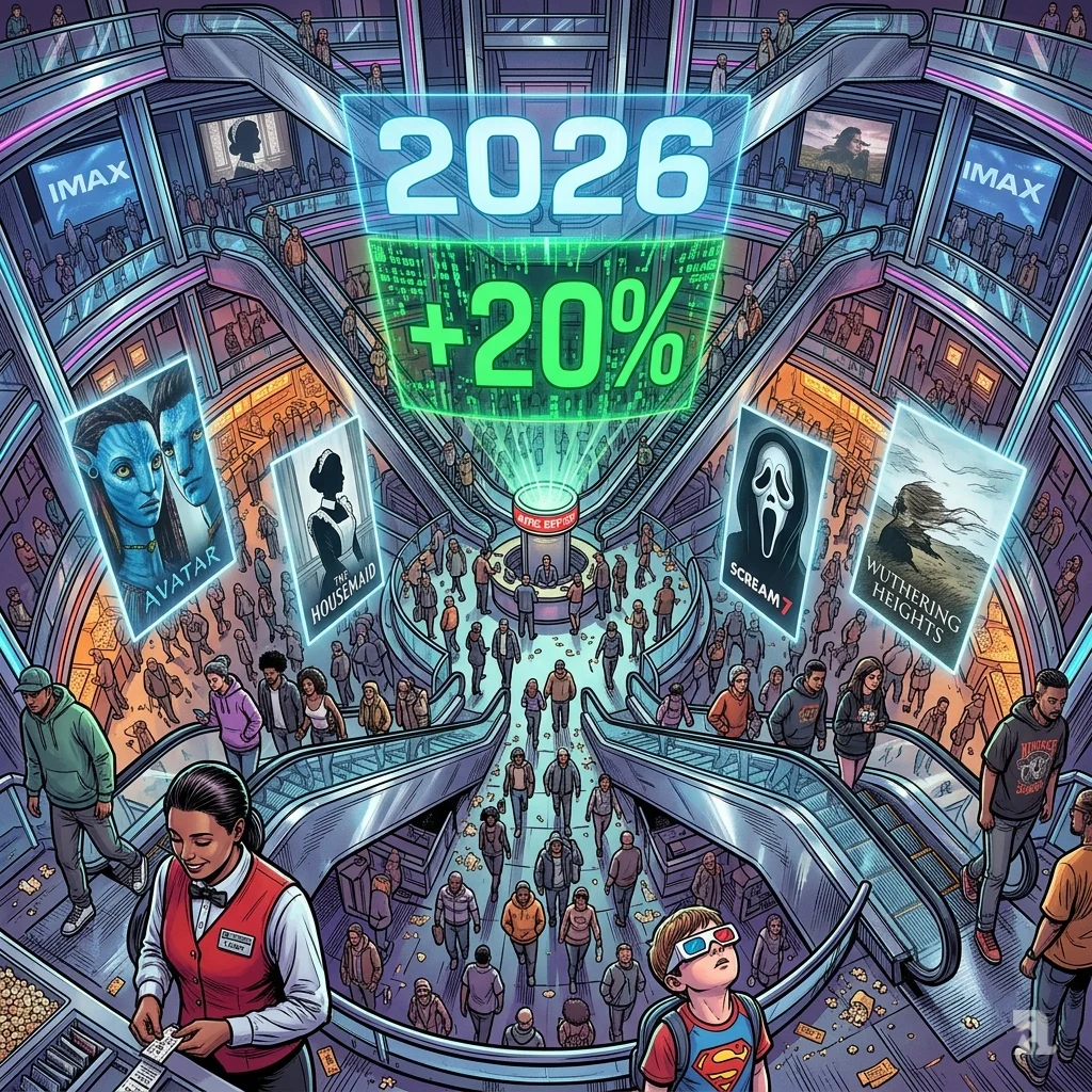 Aerial drone view of a packed Times Square multiplex atrium, with escalators converging beneath glowing “2026” and “+20%” attendance figures.