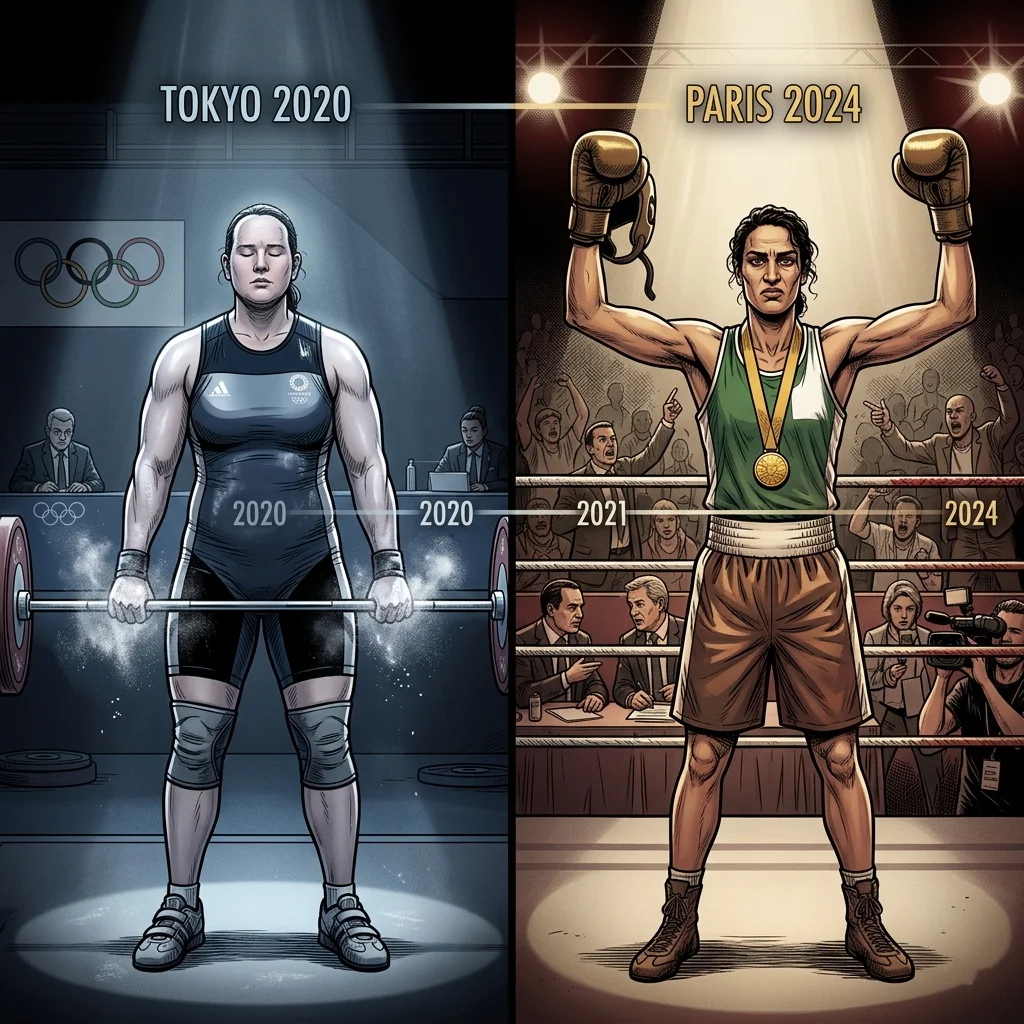 Split screen: Tokyo 2020 weightlifter focusing before a lift beside Paris 2024 boxer with gold medal, arms raised amid controversy.