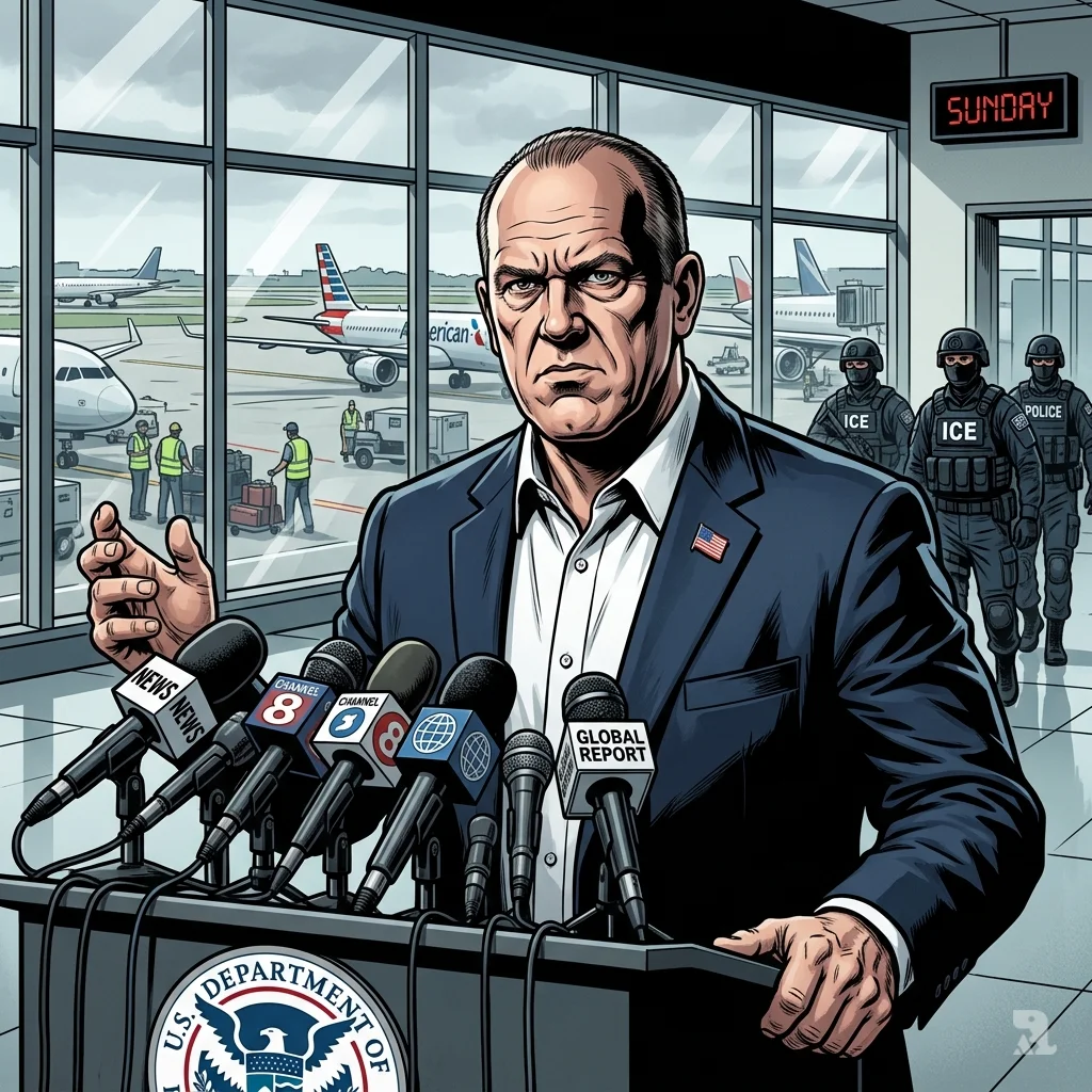 Border Czar Tom Homan at a podium with ICE agents patrolling an airport terminal behind him.