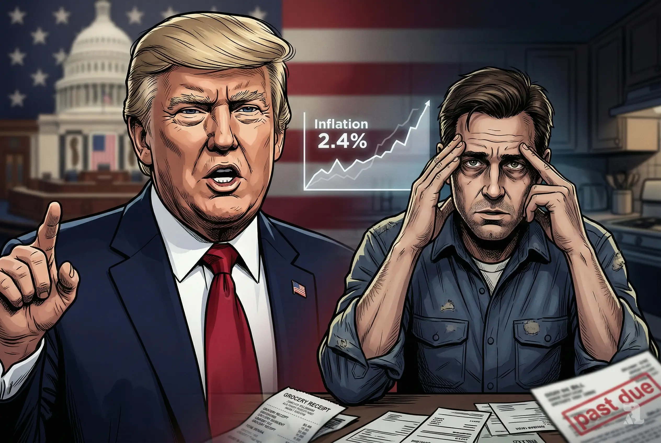 Trump declaring affordability crisis over while American father struggles with bills at kitchen table.