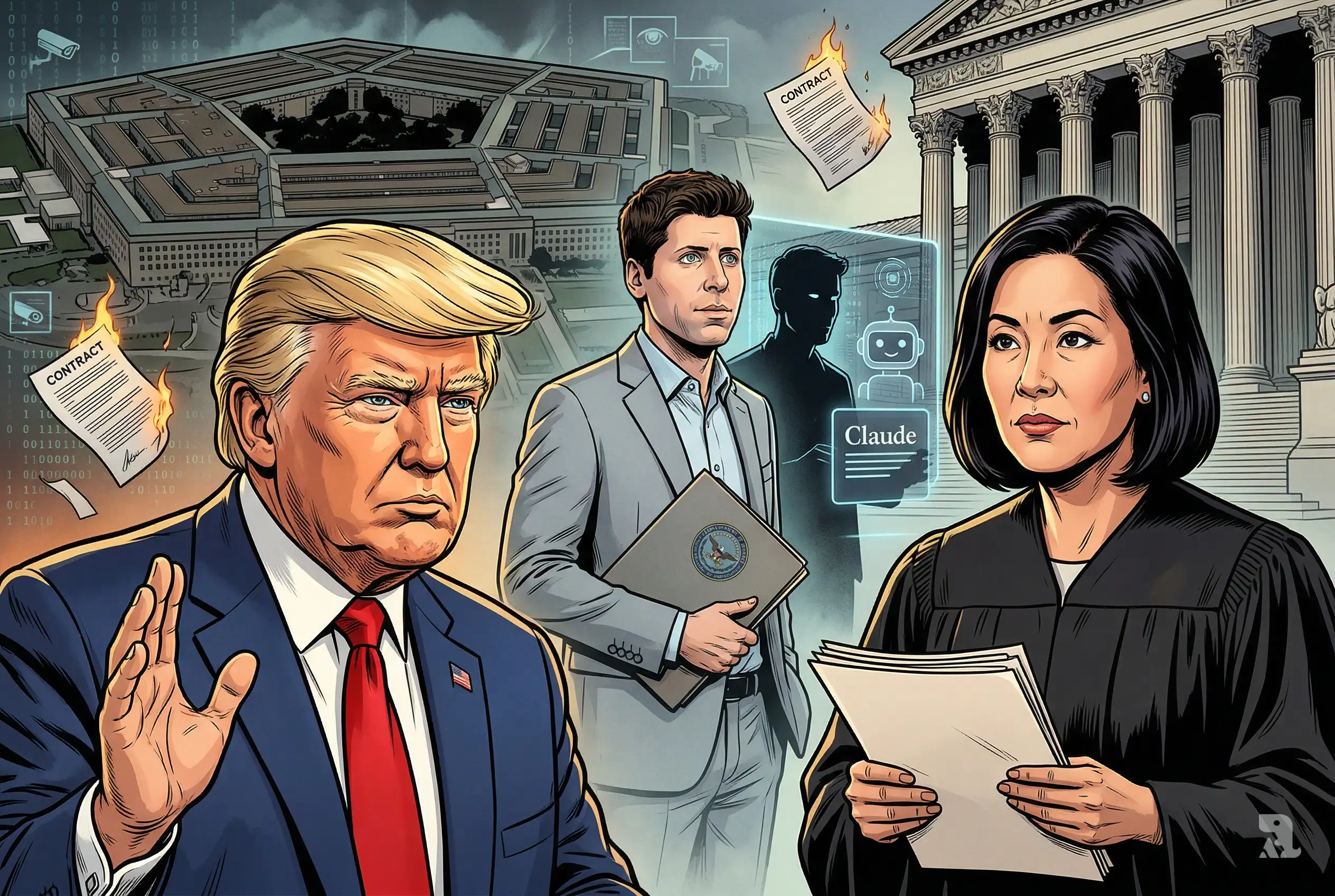 Trump confronts Judge Rita Lin as Sam Altman watches, with Pentagon and AI visuals behind, depicting a high-stakes legal and AI power struggle.