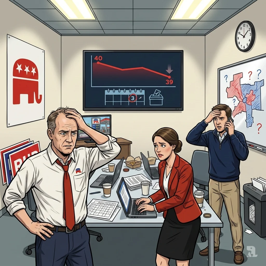 Stressed Republican campaign staffers in a cluttered office watch a screen showing Trump's approval rating drop to 39% just days before crucial midterm primaries.
