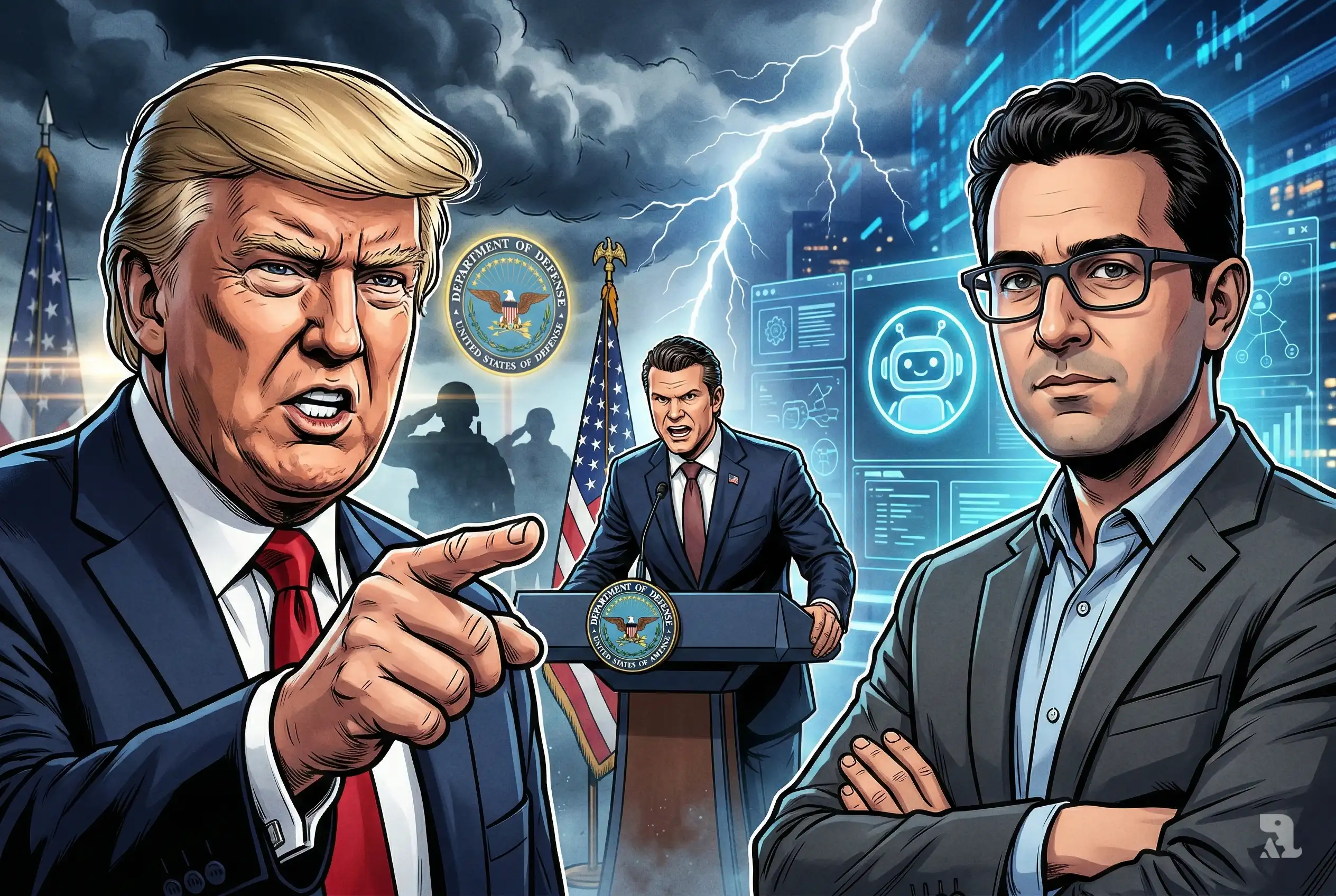 Close-up cinematic comic-style thumbnail showing Donald Trump angrily confronting Anthropic CEO Dario Amodei over AI safety dispute, with Pentagon podium and glowing AI screens in dramatic storm-lit background.