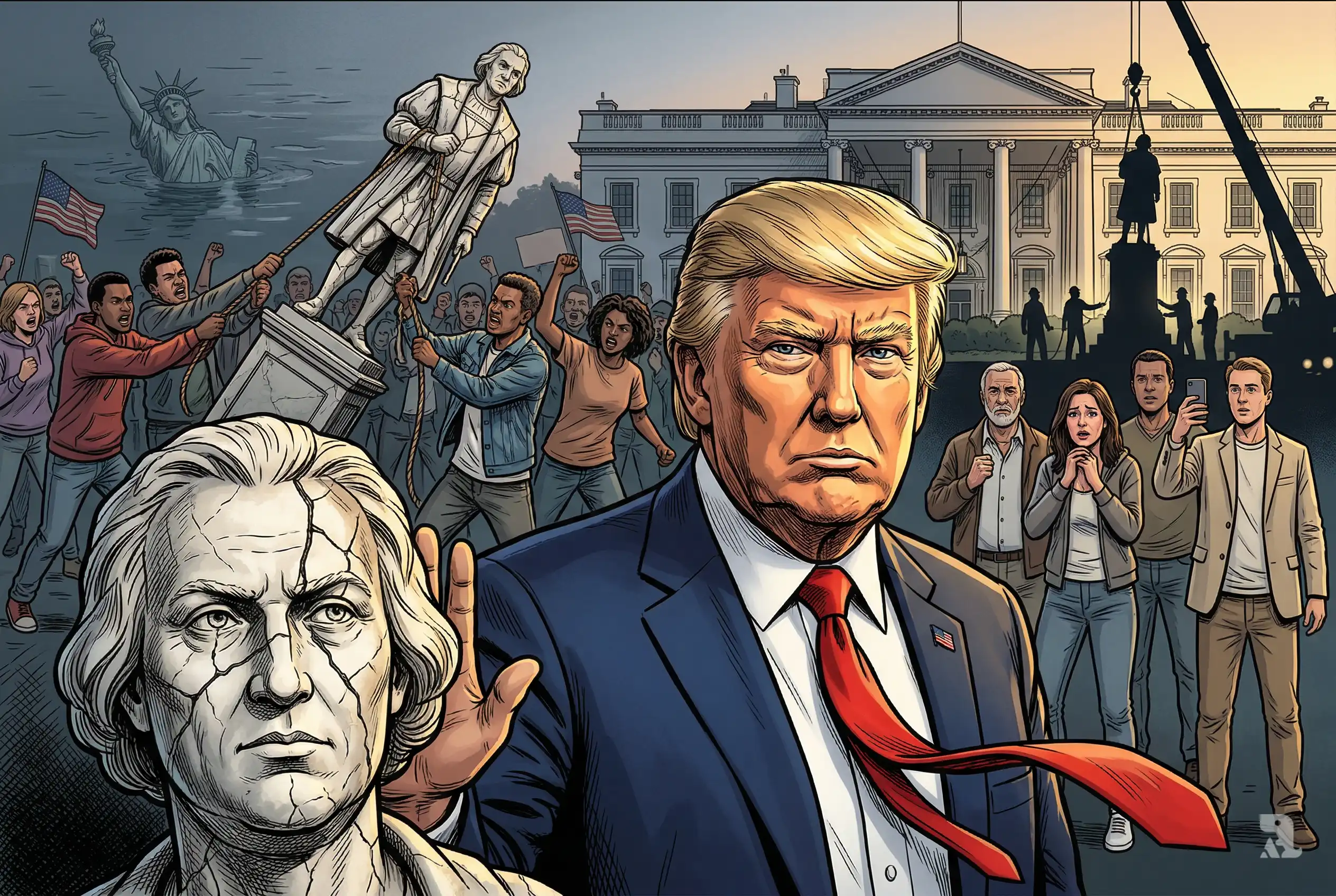 Donald Trump in front of White House with restored Columbus statue, while protesters tear statue down and divided public reacts emotionally in dramatic split-scene composition.
