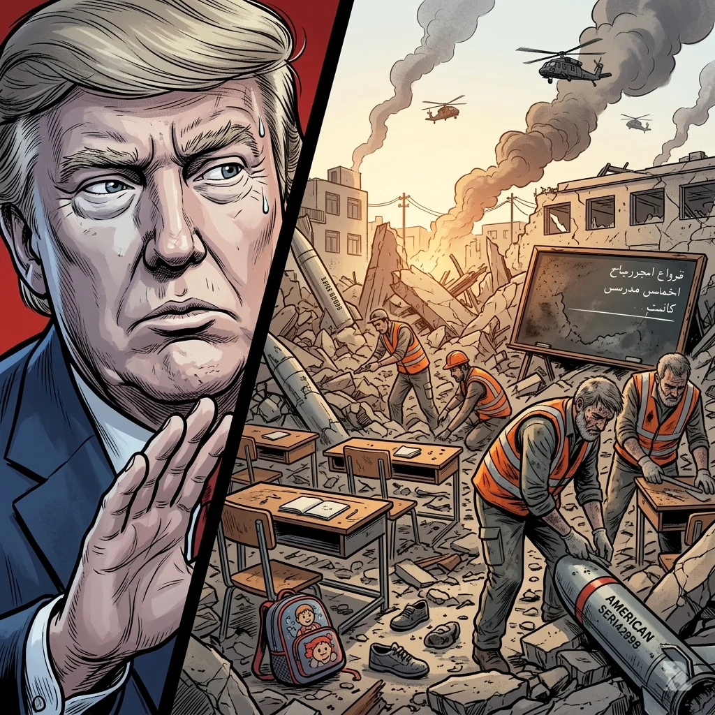 Split image juxtaposing a close-up of Trump's stressed, evasive face with a wide shot of a destroyed school in Iran. In the rubble, small desks, a child's backpack, and scattered shoes are visible. Rescue workers in orange vests dig through debris, one holding a shoe with a grief-stricken expression.