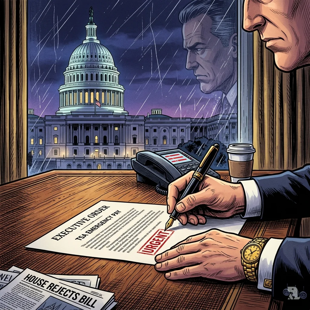 Hand signing an "urgent" executive order document with the U.S. Capitol building visible through a rainy window.