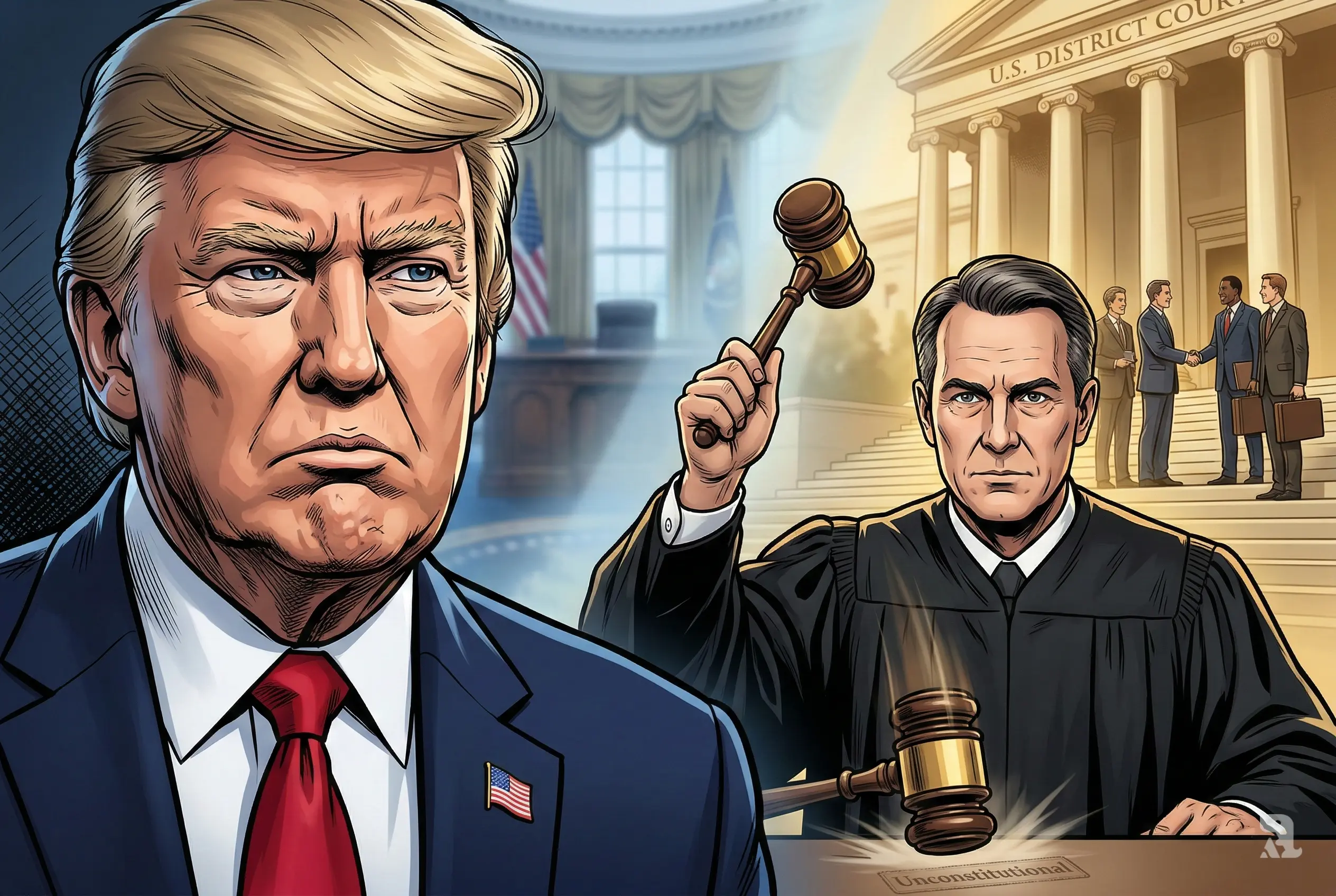 Close-up dramatic comic-style thumbnail showing Donald Trump reacting as a federal judge raises a gavel, with courthouse steps and victorious law firms in the background, symbolizing court ruling against executive orders.