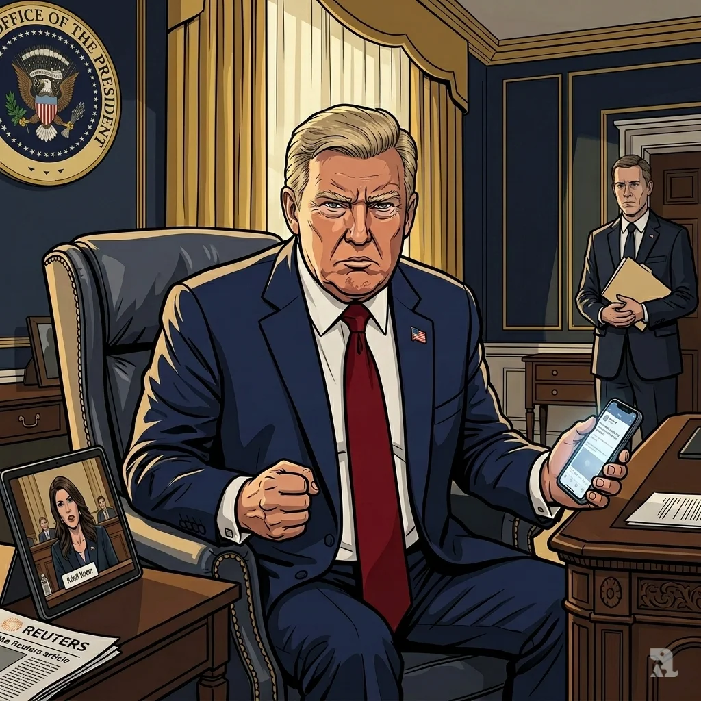 President Trump sits angrily in the White House holding a smartphone. A screen behind him shows Noem testifying, capturing the moment he decided to fire her.