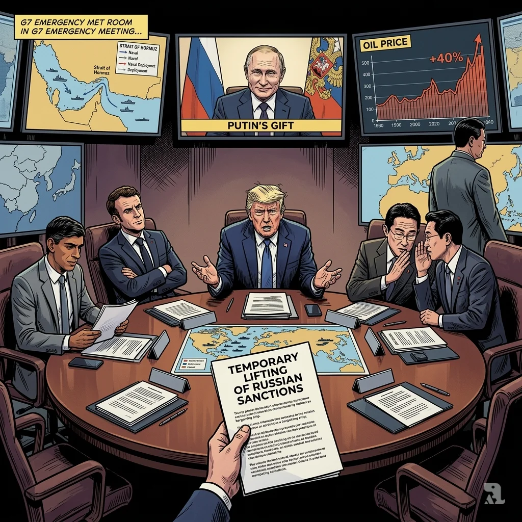 An isolated Donald Trump sits at an international conference table, hands open in a desperate, pleading gesture. World leaders around him display resistance: a British official looks away, a French counterpart crosses his arms, and Asian leaders exchange skeptical glances. A document proposing a Russian sanctions lift is visible in Trump's hand.