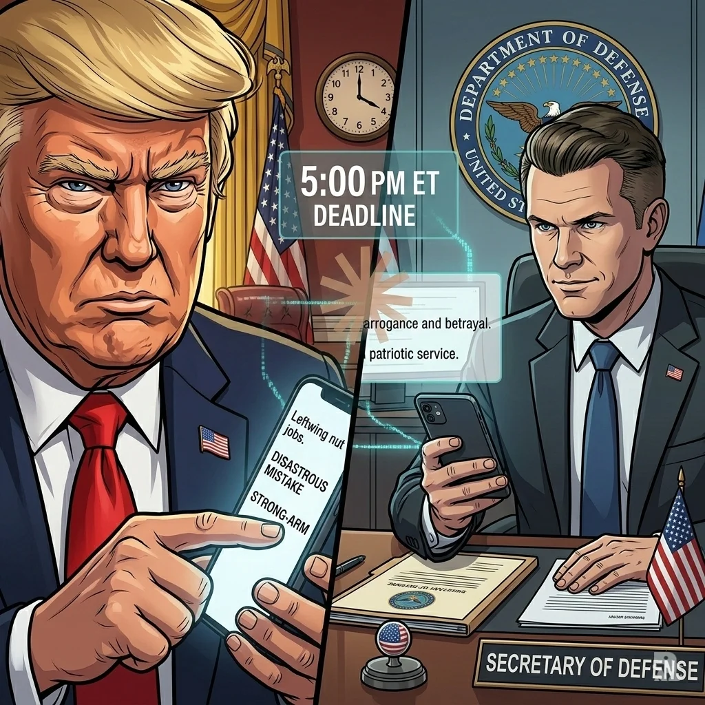 In a split screen, President Trump posts on social media calling Anthropic "Leftwing nut jobs" while Defense Secretary Hegseth issues a simultaneous warning on X.