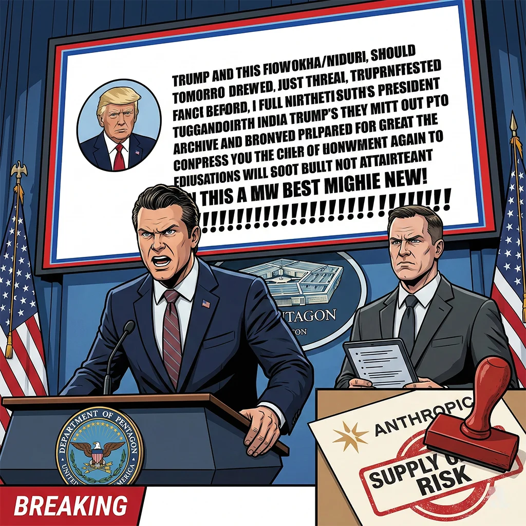 A massive Truth Social post by President Trump dominates a Pentagon briefing room as Defense Secretary Hegseth announces a "supply chain risk" designation against Anthropic.